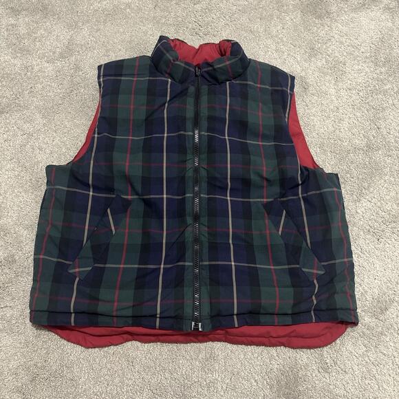 Vtg Eddie Bauer Vest Mens Large Red Green Plaid Down Reversible Puffer Retro 90s - Picture 3 of 5